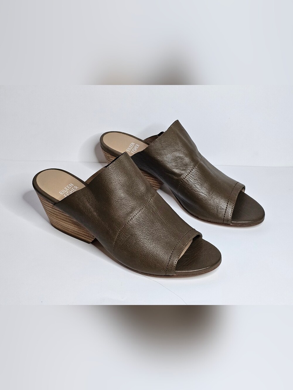 Eileen Fisher Juju Real Leather Wedge Open Toe Mules Sandals Vero Cuoio Womens 8